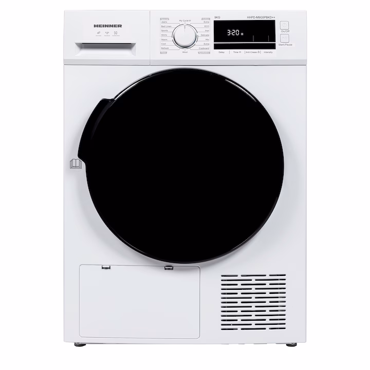 Сушилня Heinner HHPD-M9G5PBKD++, Термопомпа, 9 кг, 16 програми, Клас D, LED дисплей, Функция против намачкване, Индикатор за почистване на филтъра за мъх, Индикатор за пълен резервоар за вода, Заключване за деца, Бял