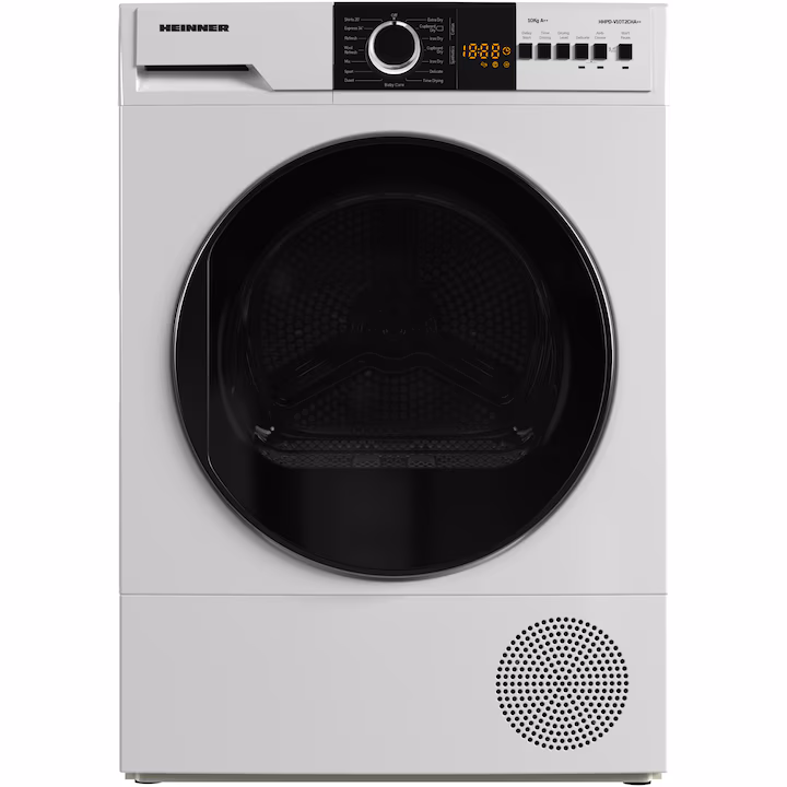 Сушилня Heinner HHPD-V10T2CHA++, Термопомпа, 10 кг, 15 програми, Клас E, LED дисплей, Осветление на барабана, Заключване за деца, Бял