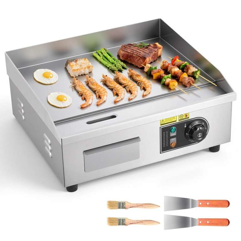 Професионален електрически грил тепаняки, инокс, 2800W, 45×30см, регулируем термостат 50-300C
