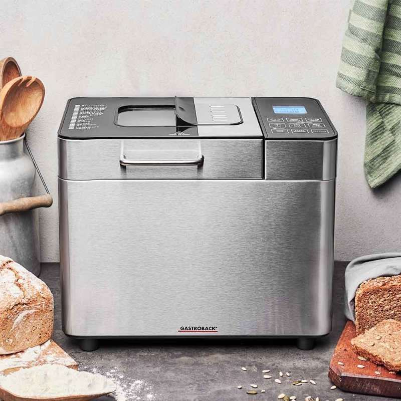Хлебопекарна Gastroback Advanced 42823, 500W, 500-750-1000 гр, 18 програми, Керамичен съд без PFOA и PTFE, 7 вида хляб, Функция за сладолед, Инокс/черен