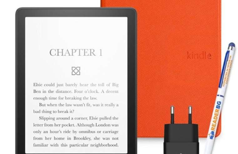 Комплект eBook четец Amazon Kindle Paperwhite 2024 (12th Gen), 16 GB, Дисплей 7″, Черен, Калъф Оранжев, 4 части