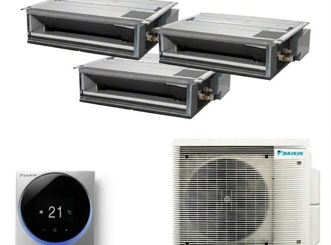 Мултисплит климатик Daikin Duct с три вътрешни тела, две по 9000 BTU и едно по 12000 BTU, 2xFDXM25F-FDXM35