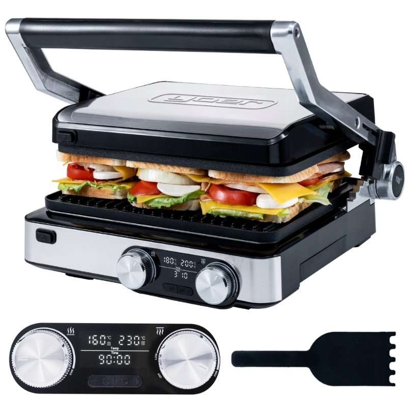 Грил електрически контактен Yoer Panino EG02S, 2000W, 1334 см, двоен термостат, сребрист/черен