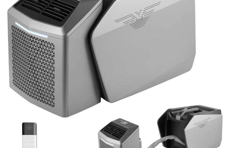 Преносим климатик за къмпинг, AC уред за палатка с два маркуча, 4850 BTU, Регулируема температура 16–32°C, Дебит на въздуха 200 m³/h, Дистанционно управление, Тъмно сив