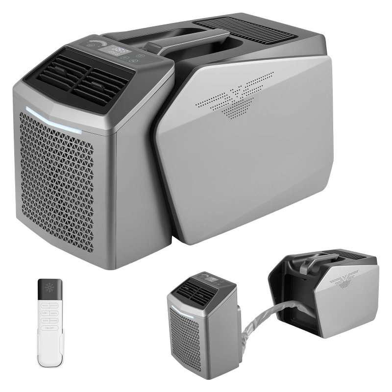 Преносим климатик за къмпинг, AC уред за палатка с два маркуча, 4850 BTU, Регулируема температура 16–32°C, Дебит на въздуха 200 m³/h, Дистанционно управление, Тъмно сив