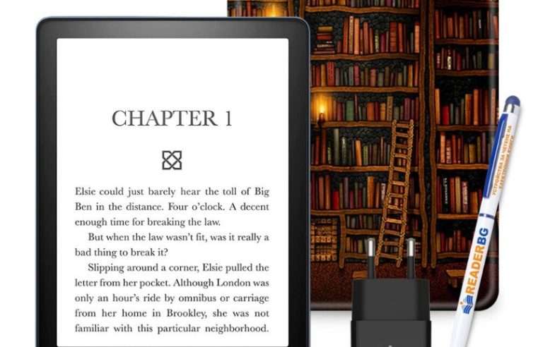 Комплект eBook четец Amazon Kindle Paperwhite 2024 (12th Gen), 16 GB, Дисплей 7″, Черен, Калъф Библиотека, 4 части