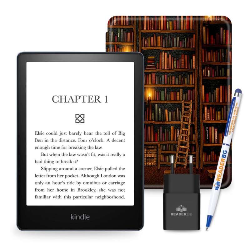 Комплект eBook четец Amazon Kindle Paperwhite 2024 (12th Gen), 16 GB, Дисплей 7″, Черен, Калъф Библиотека, 4 части