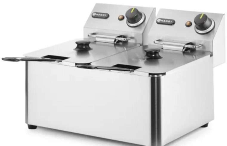 Търговски фритюрник Hendi Kitchen Line, 2x4L, 6kW, неръждаема стомана, размери 440x375x310mm, пълен комплект