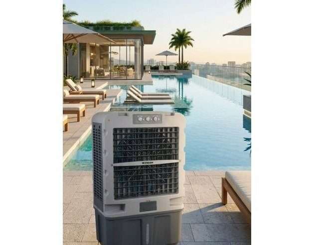 JUMBO 120L въздушен охладител, дебит 11000 m³/h, 350W, сив, резервоар 120L, 4D охлаждане, SWING, автоматично водоснабдяване, за 100 m², за вътрешна/външна употреба, за тераси / зали / търговски пространства / пазари / плаж / басейн, 840 x 1380 x 590 mm