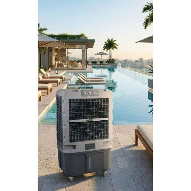 JUMBO 120L въздушен охладител, дебит 11000 m³/h, 350W, сив, резервоар 120L, 4D охлаждане, SWING, автоматично водоснабдяване, за 100 m², за вътрешна/външна употреба, за тераси / зали / търговски пространства / пазари / плаж / басейн, 840 x 1380 x 590 mm