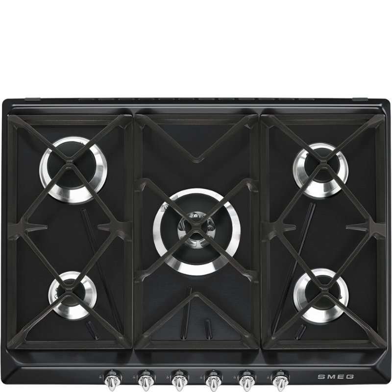 Котлон за вграждане Smeg SR975NGH, Природен газ, 5 зони за готвене, 68.5 см, Ултра бърза горелка, Черен
