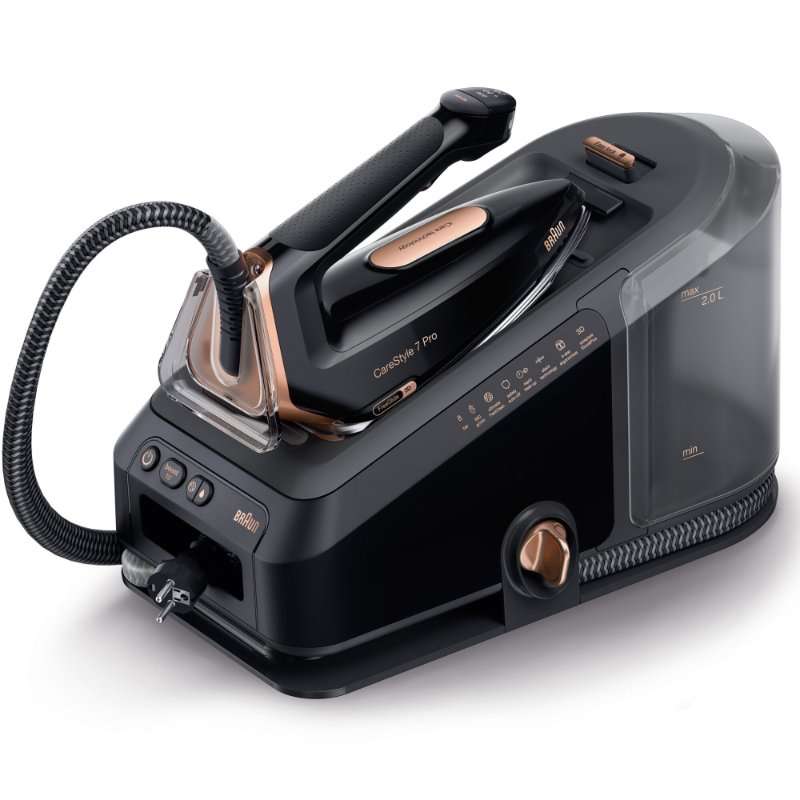 Парогенератор Braun CareStyle 7 Pro IS7286BK, 2400W, 8 бара, Променлива пара 190 г/мин, Парна струя 650 г/мин, Резервоар 2 л, Технология iCare, Технология FreeGlide 3D, Плоча EloxalPlus, Черен