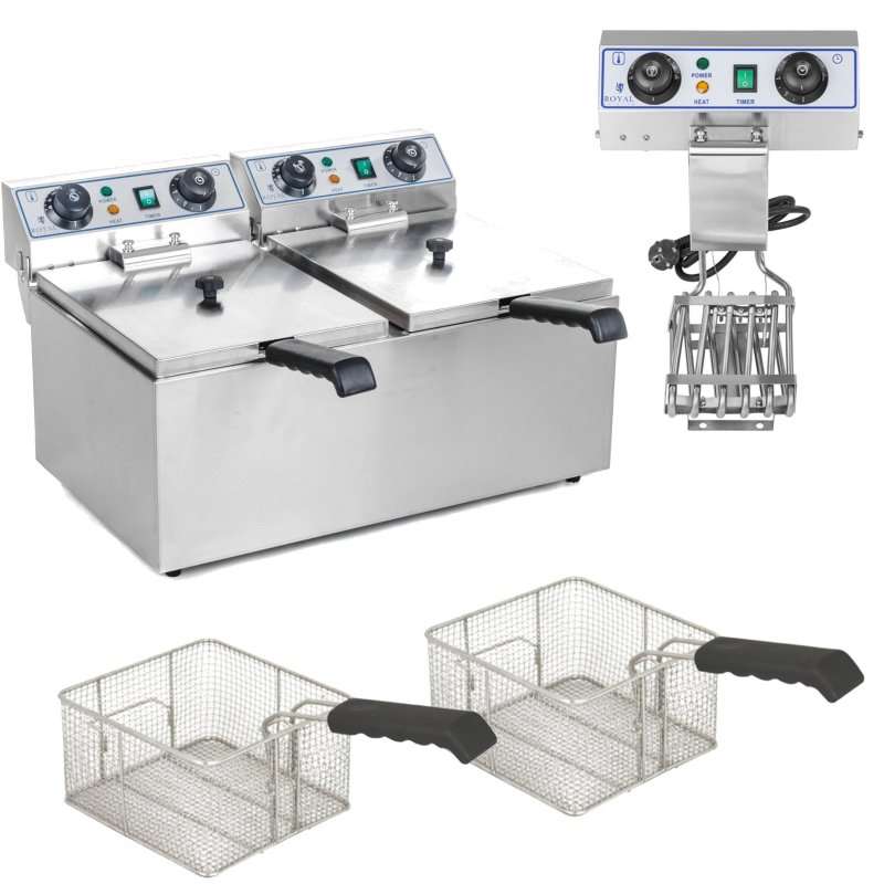 Електрически фритюрник Royal Catering RCTF-13DH, 2x9L, от неръждаема стомана, ТАЙМЕР, 58x43x35см