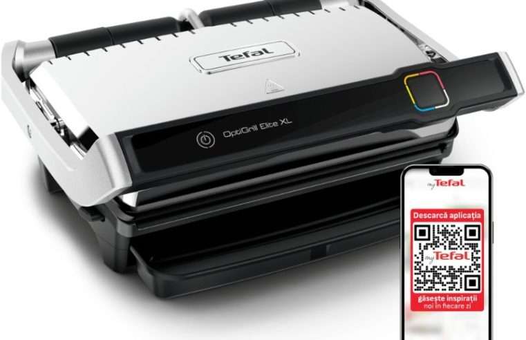 Електрическа скара Tefal OptiGrill Elite XL GC760D30, 2200W, 16 програми за готвене, Сензор за готвене, Индикатор за ниво на готвене, Сваляеми плочи 40×20 см, Регулируем термостат, Черен/Inox