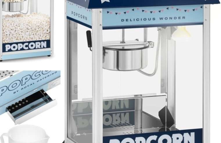 Машина за пуканки Royal Catering, 1600 W, 5-6 kg/h, тефлон, синя, 56x42x77cm, пълен комплект