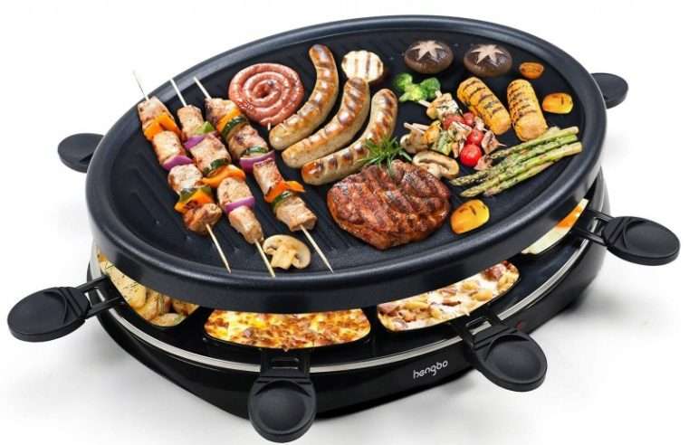 Електрически грил HengBo Raclette 1300W, 8 тигана, термостат, 260C, лесен за почистване