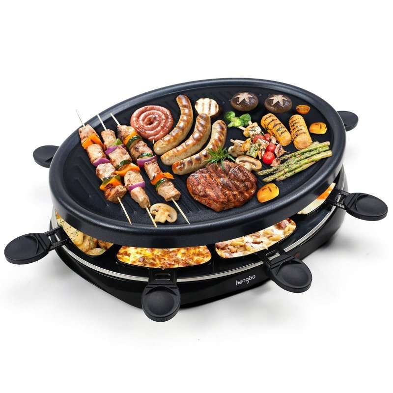 Електрически грил HengBo Raclette 1300W, 8 тигана, термостат, 260C, лесен за почистване