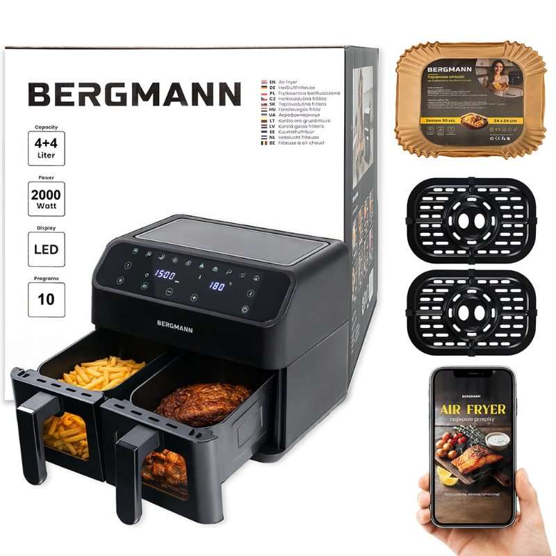 Фритюрник без мазнина с две отделения, BERGMANN YA 2x4L, 2000W, 10 програми, черен