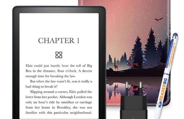 Комплект eBook четец Amazon Kindle Paperwhite 2024 (12th Gen), 16 GB, Дисплей 7″, Черен, Калъф Залез, 4 части