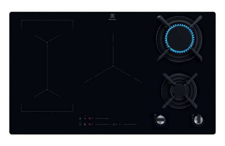 Плот за вграждане Electrolux KDI941723K, Смесен, 2 газови горелки / 3 индукционни зони, Електрическо запалване, Чугунена скара, Електронен таймер, 90 см, Черен
