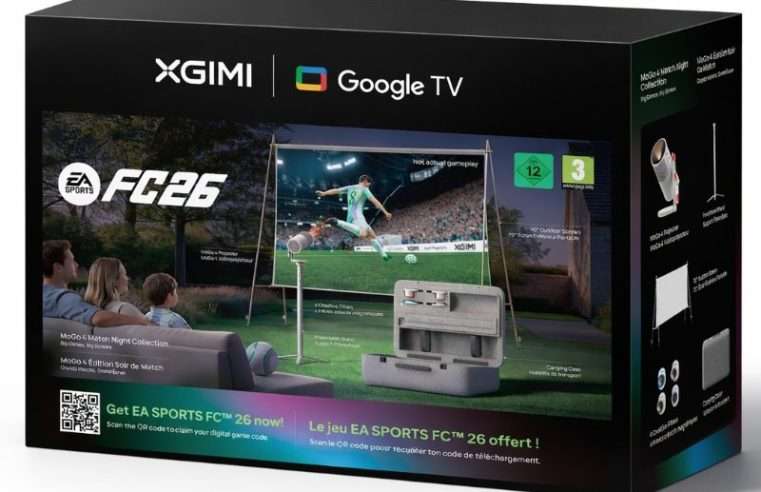 Преносим видеопроектор Xgimi MoGo 4 + включен код за игра FC26 (колекция Match Night), 1080p, 450 ISO лумена, Google TV, автофокус, WiFi, Bluetooth, високоговорители Harman Kardon, преносим проекционен екран, стойка за зареждане
