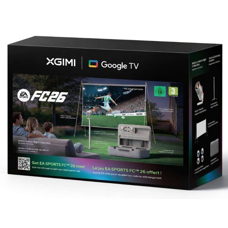 Преносим видеопроектор Xgimi MoGo 4 + включен код за игра FC26 (колекция Match Night), 1080p, 450 ISO лумена, Google TV, автофокус, WiFi, Bluetooth, високоговорители Harman Kardon, преносим проекционен екран, стойка за зареждане
