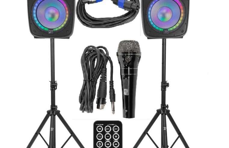 Комплект тонколони BoomTone DJ 2×12″ активни + пасивни, 500W, USB/SD/BT, с 2 стойки, 580x378x295mm