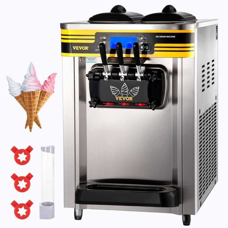 Търговска машина за сладолед, VEVOR, 22-30L/h, 2350W, 2x6L, 2L, сребриста, 74.5x54x86cm