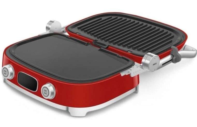 Многофункционален грил SMEG 50’s Style MGF01RDEU, 2100W, 60-230°C, 3 програми, Керамично покритие, Тава за отцеждане, Звуков сигнал, Таймер, Червен