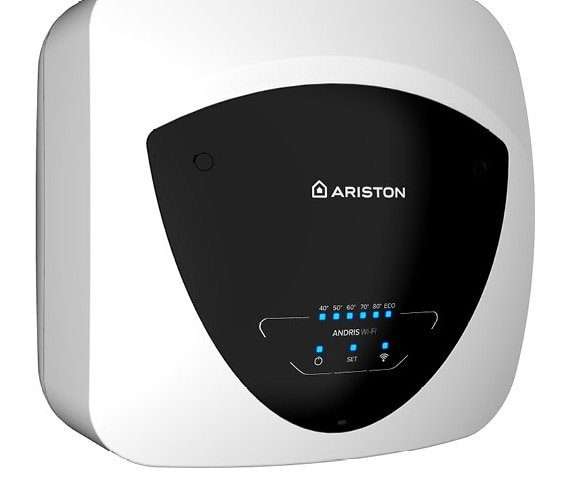 Електрически бойлер Ariston Andris Elite WiFi 15/5 EU, 15л, 1200W, Бутони soft touch, Гласово управление, Енергиен клас А, Монтаж над мивка, 360x360x298мм, Бял