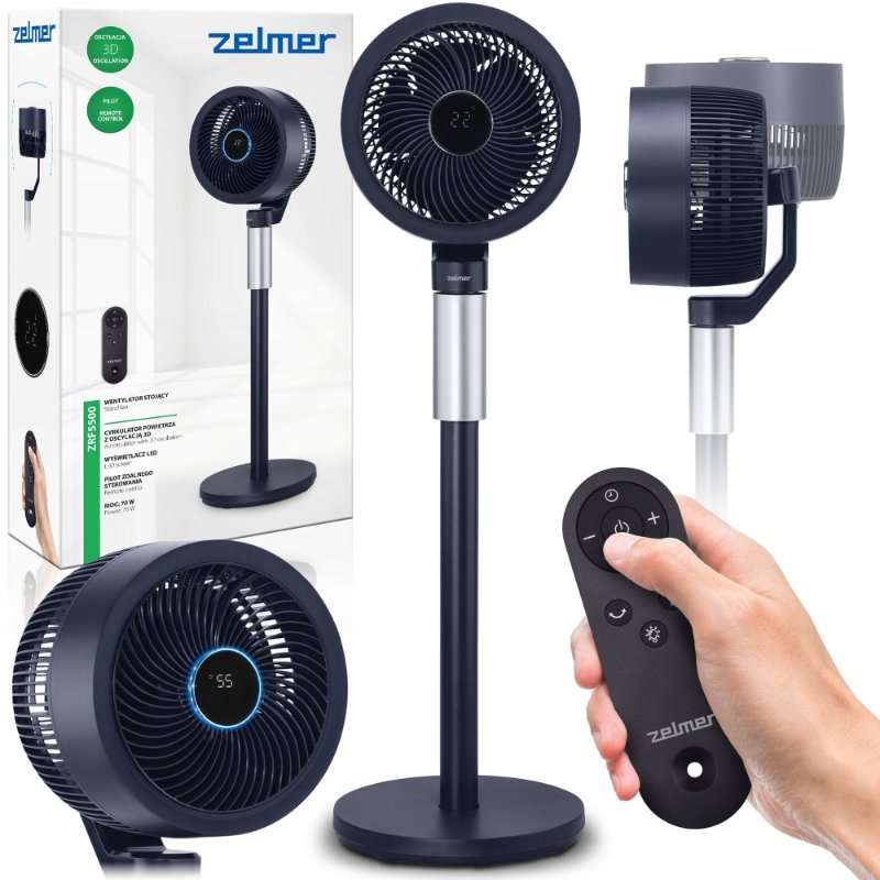 Подов вентилатор Zelmer ZRF5500, циркулатор на въздух с 3D вертикална и хоризонтална осцилация, 3 скорости, 3 режима (нормален, естествен, сън), таймер 0-15ч, дистанционно управление, екран с термометър, супер тиха работа, 70 W, черен, 100 см