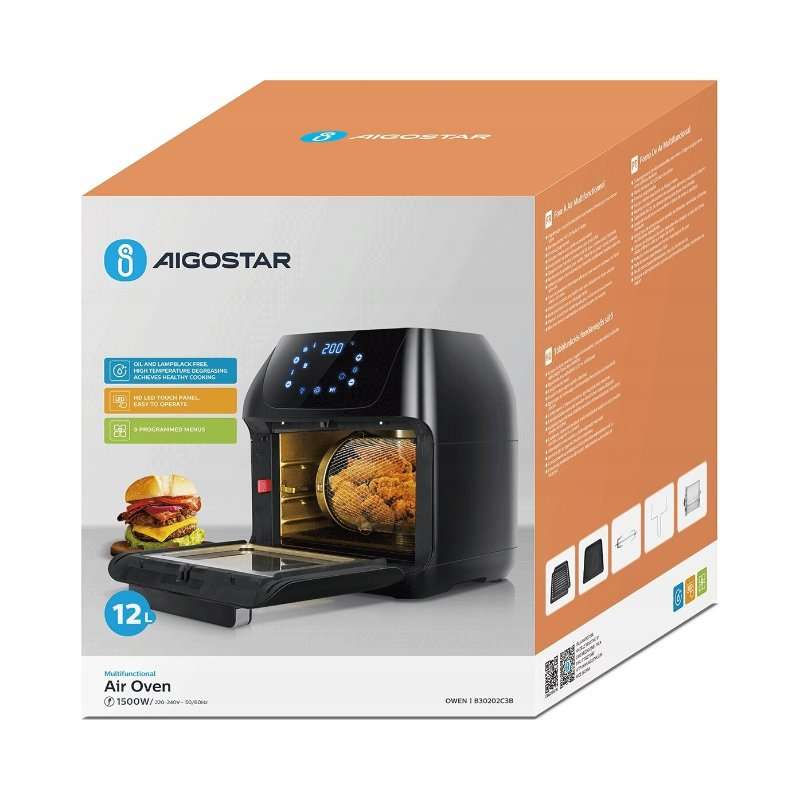 Фритюрник без масло Aigostar, 1500 W, 12 л, черен, 33,6×33,7×36,8 см