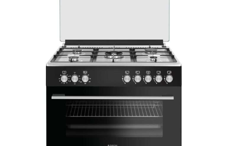Модерна газова печка Bergamo FE90/60 Nero Inox Studio Casa, 90 см, Електрическа фурна, 5 газови котлона – единият от които е уок, Грил, Чугунена скара