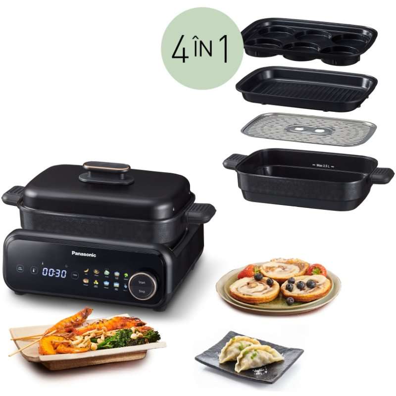 Електрическа скара 4 в 1 Panasonic NF-GM400KXE, 1524W, 40°C–250°C, 9 програми, 4 съда, над 80 рецепти, екстрактор за дим с филтриране чрез вода, черен