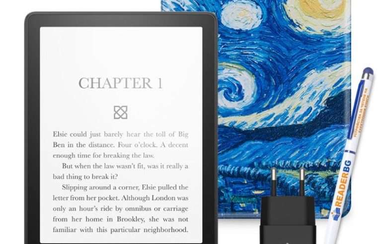 Комплект eBook четец Amazon Kindle Paperwhite 2024 (12th Gen), 16 GB, Дисплей 7″, Черен, Калъф Звездна нощ, 4 части
