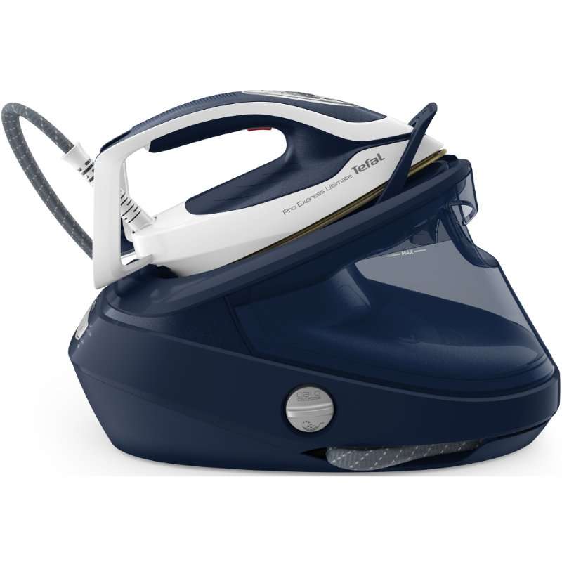 Парогенератор Tefal Pro Express Ultimate GV9720E0, 3000W, 8 bar, 590 гр/мин парна струя, Durilium Airglide Autoclean плоча, 1.2 л резервоар, Непрекъснато пълнене, 3 настройки на температурата, Син