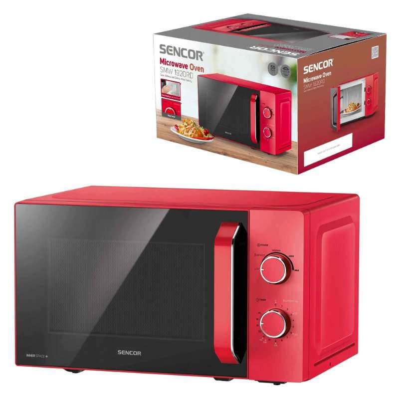 Микровълнова фурна Sencor SMW 1920RD 700W, 20 л, механични команди, 5 нива на мощност, емайлиран интериор, червена, 25,9 x 44 x 36,4 см