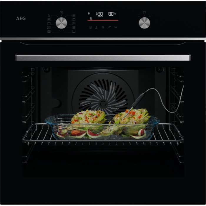 Фурна за вграждане AEG OA5PB531AB, Електрическа, SteamBake – готвене на пара, Пиролитично самопочистване, Wi-Fi свързаност, Плавно затваряне на вратата, Грил, Сензор за готвене, Телескопичен водач с 1 ниво, 71 л, Клас A+, Черно стъкло