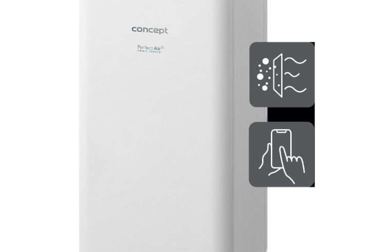 Обезвлажнител и пречиствател за въздух Concept Perfect Air Smart OV2216, капацитет 16 л/ден, 4-степенен филтър (прах, въглен, йонизатор, UVC), WiFi контрол и мобилно приложение, резервоар 3,5 л, бял, 250 x 600 x 250 мм
