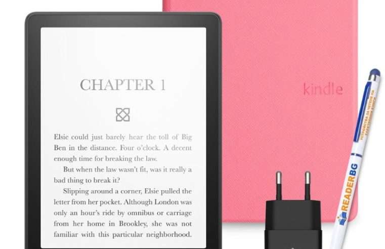 Комплект eBook четец Amazon Kindle Paperwhite 2024 (12th Gen), 16 GB, Дисплей 7″, Черен, Калъф Светлорозов, 4 части