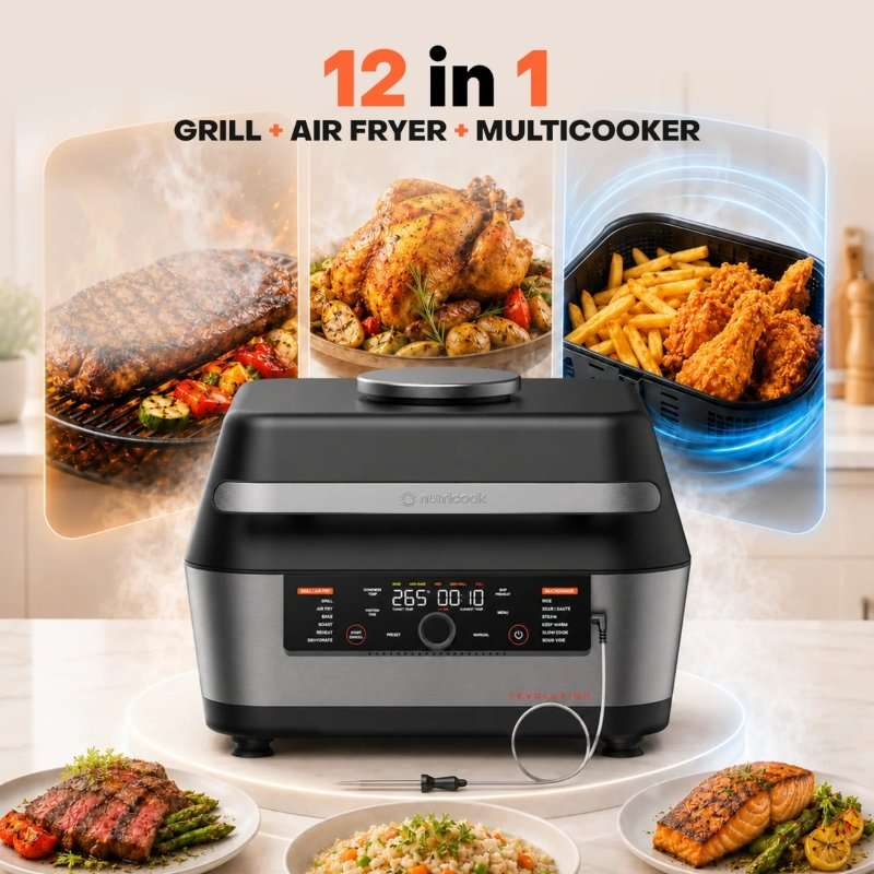 Nutricook Revolution Multifunction Air Fryer RG600, 12-в-1 Еър Фрайър, Грил и Мултикукър, 8.5 л, 1760W + 1500W, Sizzle Max, 40–265°C, Керамично покритие, Smart термосонда