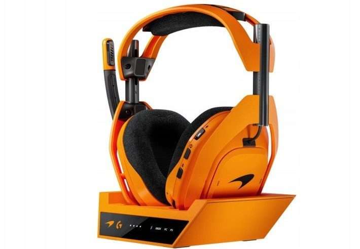 Безжични гейминг слушалки Logitech A50 X McLaren Racing Edition (DV986BTKBG) Lightspeed, PlaySync, 2.4 GHz/Bluetooth/USB-A, микрофон 48 kHz, зареждане USB-C, автономност до 24 ч, оранжево-черни