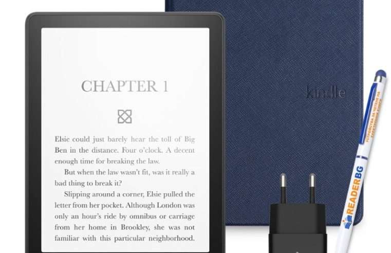 Комплект eBook четец Amazon Kindle Paperwhite 2024 (12th Gen), 16 GB, Дисплей 7″, Черен, Калъф Тъмносин, 4 части
