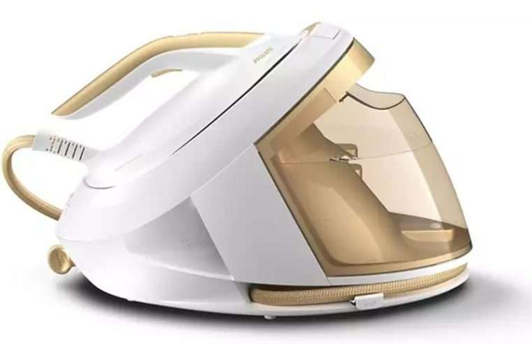 Парогенератор Philips PerfectCare seria 8000 PSG8040/60, 2700W, Технология Optimal Temp, 8 бара, Парна струя 170 гр/мин, Функция Easy De-calc plus, Гладеща плоча SteamGlide Elite, 1,8 л резервоар за вода, Бял/Златист