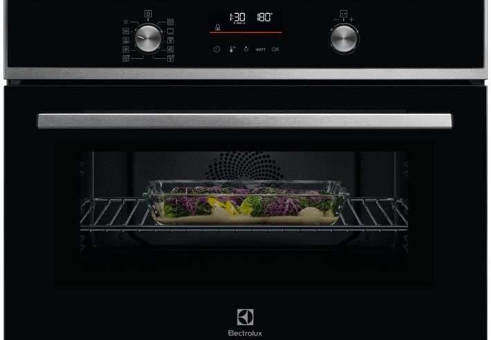 Фурна за вграждане Electrolux EVL6E49X, Електрическа, 44 л, Функция за микровълнова фурна 1000 W, Прибиращи се бутони, Дигитален дисплей, Врата с 3 слоя стъкло, Грил, 1 емайлирана тава + 1 грил, Неръждаема стомана+Черен