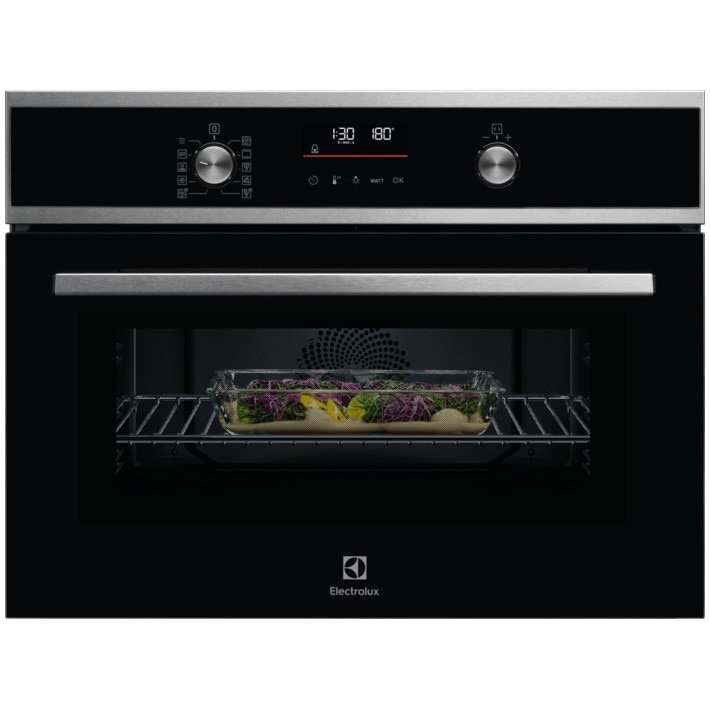 Фурна за вграждане Electrolux EVL6E49X, Електрическа, 44 л, Функция за микровълнова фурна 1000 W, Прибиращи се бутони, Дигитален дисплей, Врата с 3 слоя стъкло, Грил, 1 емайлирана тава + 1 грил, Неръждаема стомана+Черен