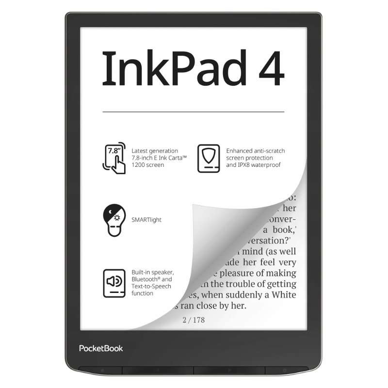 Електронна книга PocketBook InkPad 4, 7.8″, водоустойчива, сребриста, 134x189x8мм