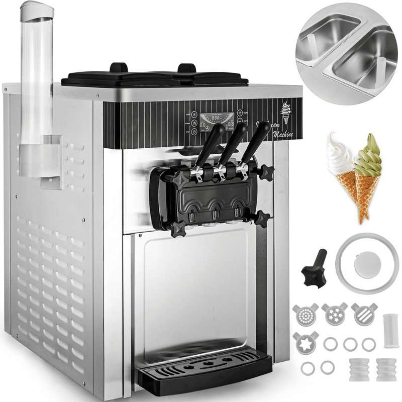 Машина за мек сладолед VEVOR, 2200W, 20-28 литра/час, 2 резервоара по 6л, размери 540x710x815мм