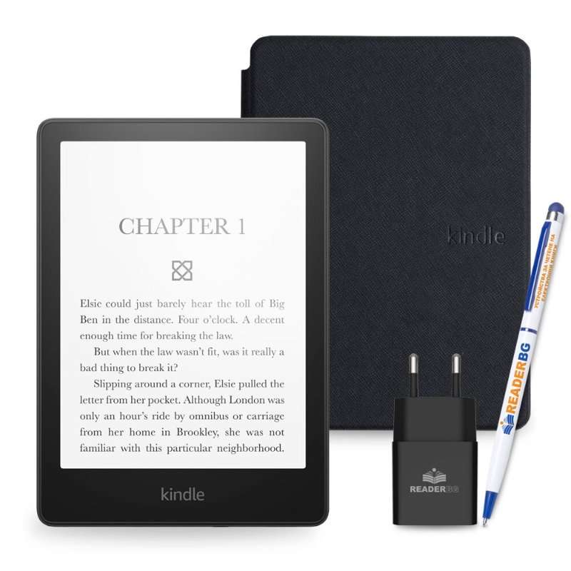 Комплект eBook четец Amazon Kindle Paperwhite 2024 (12th Gen), 16 GB, Дисплей 7″, Черен, Калъф Червен, 4 части