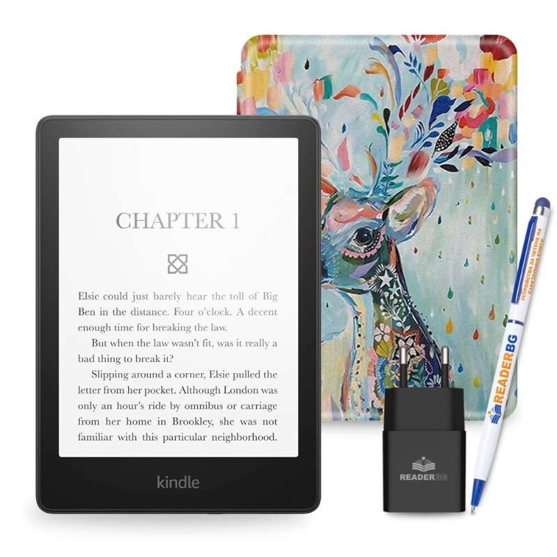 Комплект eBook четец Amazon Kindle Paperwhite 2024 (12th Gen), 16 GB, Дисплей 7″, Черен, Калъф Елен, 4 части